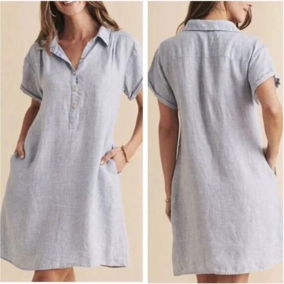 Faherty Hana Blue Basketweave Linen Shift Shirt Dress Pockets XS - Picture 3 of 11